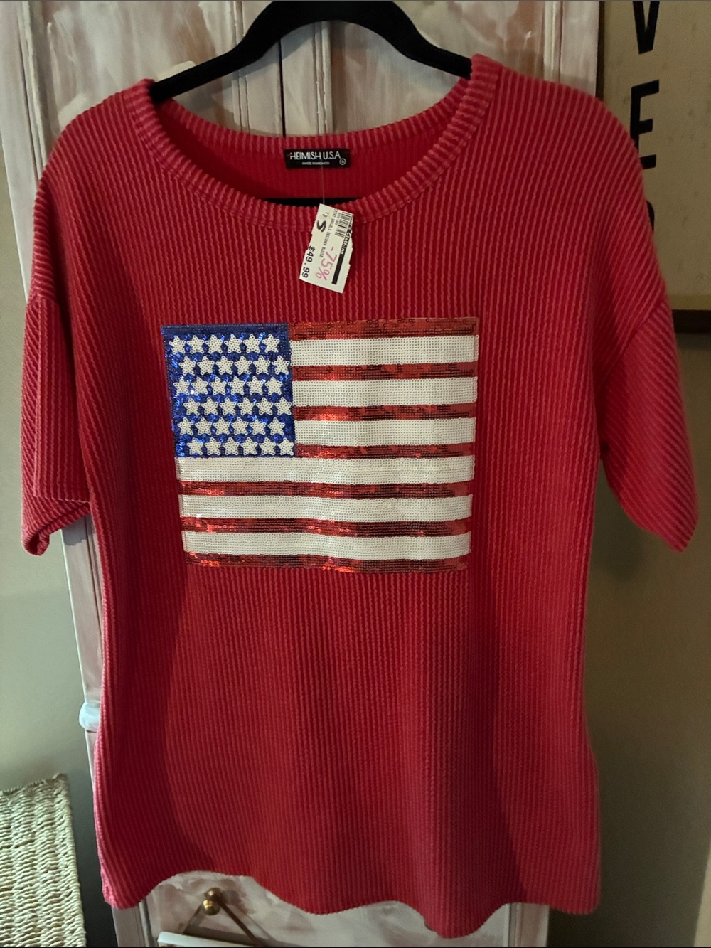HEIMISH USA Red Ribbed Knit Top with Sequin American Flag